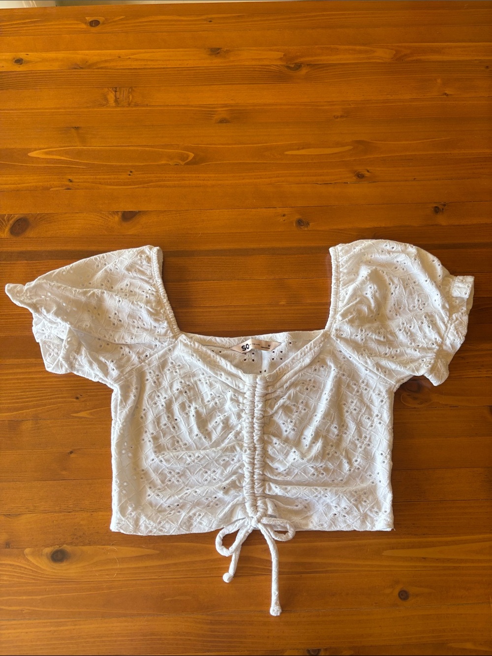 SO White Eyelet Ruched Drawstring Crop Top